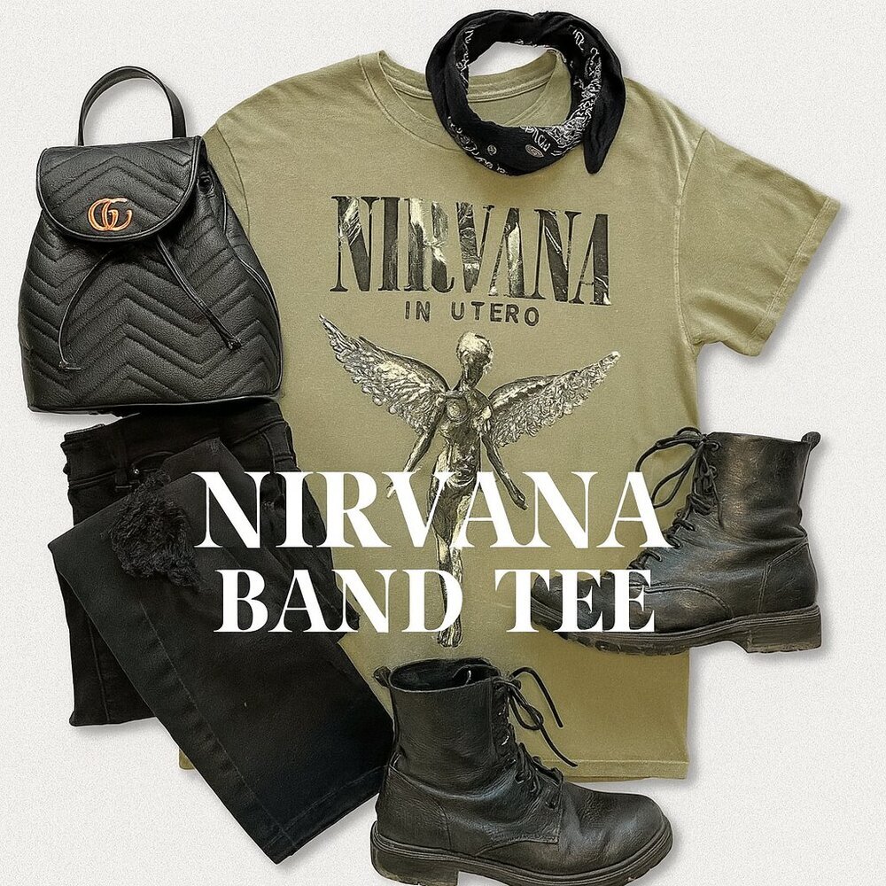 Nirvana Angel Graphic Tee Green Band T-Shirt Vintage Style Grunge M